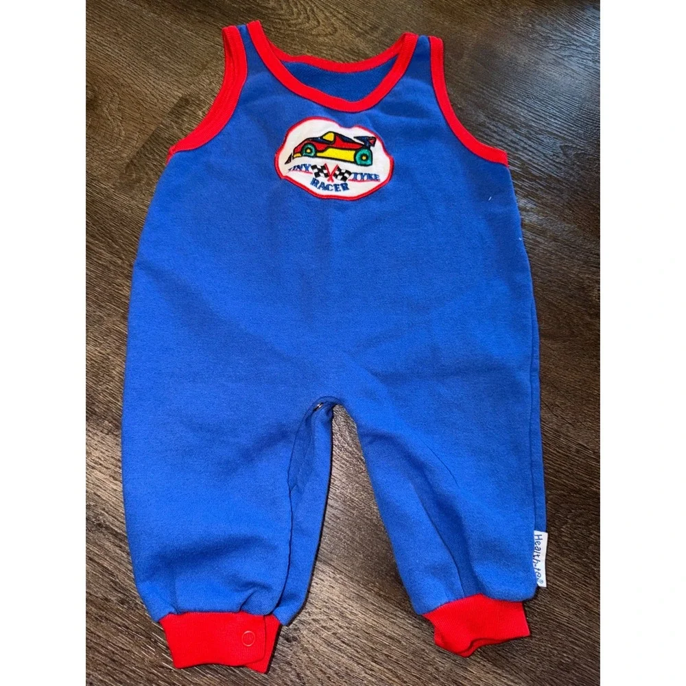 Vintage Healthtex Tiny Tyke Racer Romper Blue Red 18M Fleece One Piece